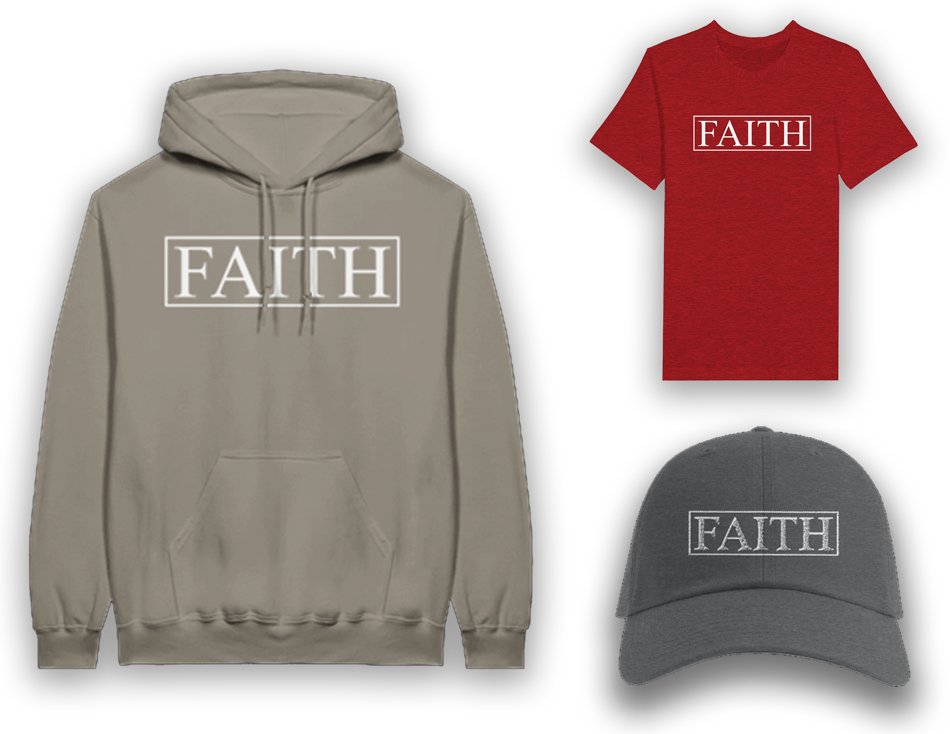 Beige hoodie with faith on it, red shirt with faith on it, and gray hat with faith on it